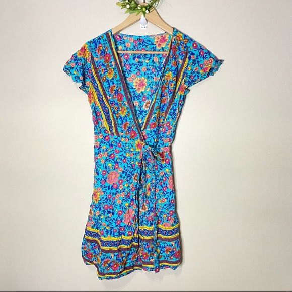 BOHO BEACH HUT GREEN BOHO FLORAL PRINT MINI DRESS SIZE SMALL - Picture 2 of 9